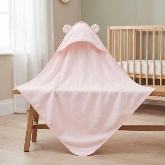 Little Teekie Personalised Small Hooded Towel | Embroidered Name, Bear Ear Hood – Light Pink – lifestyle