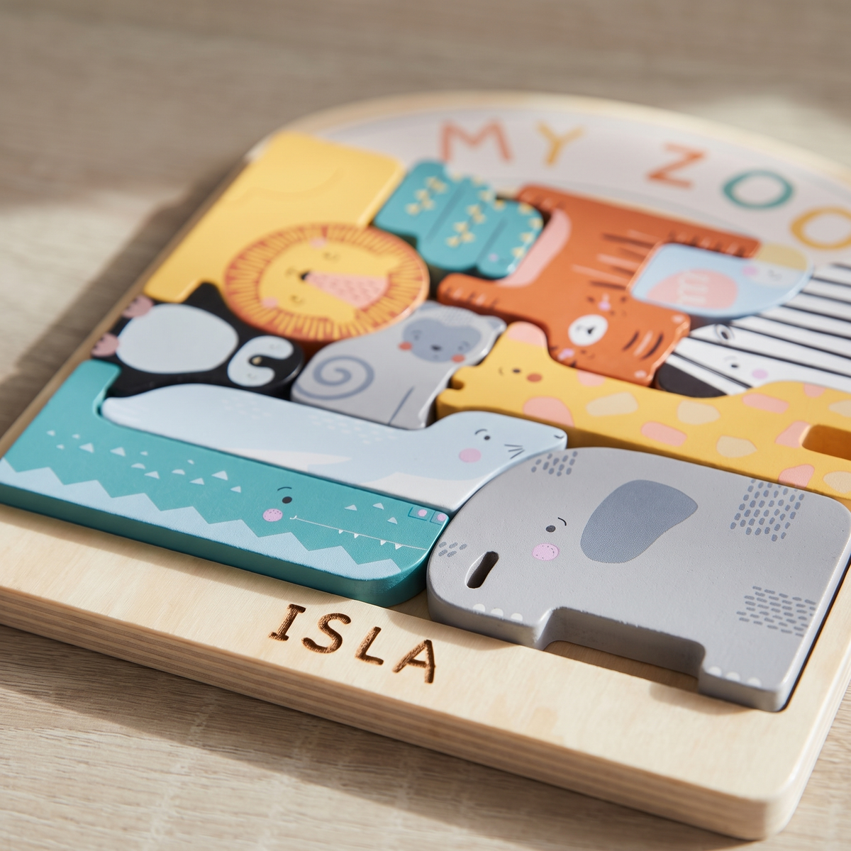 Little Teekie Personalised Wooden Safari Stacker Puzzle | Engraved Name, Zoo Box – Multicolour – personalisation detail
