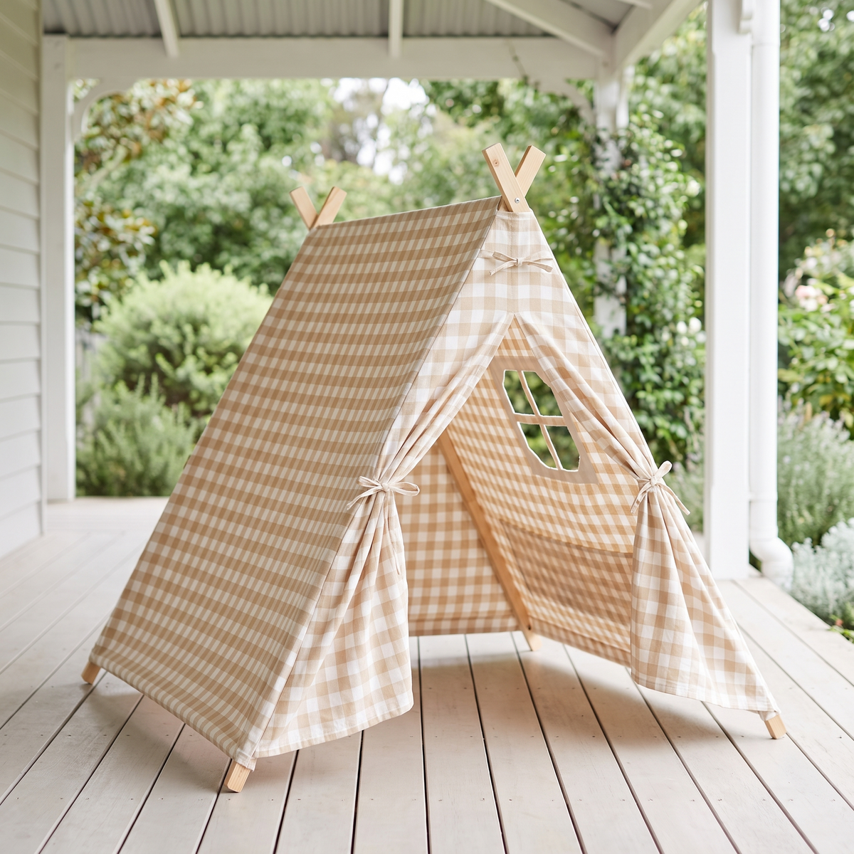 Little Teekie Scandi A-Frame Playhouse Tent | Canvas with Pine Poles – Beige Gingham – lifestyle
