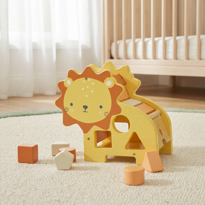 Little Teekie Personalised Wooden Lion Shape Sorter | Engraved Name, FSC Timber – Multicolour – lifestyle