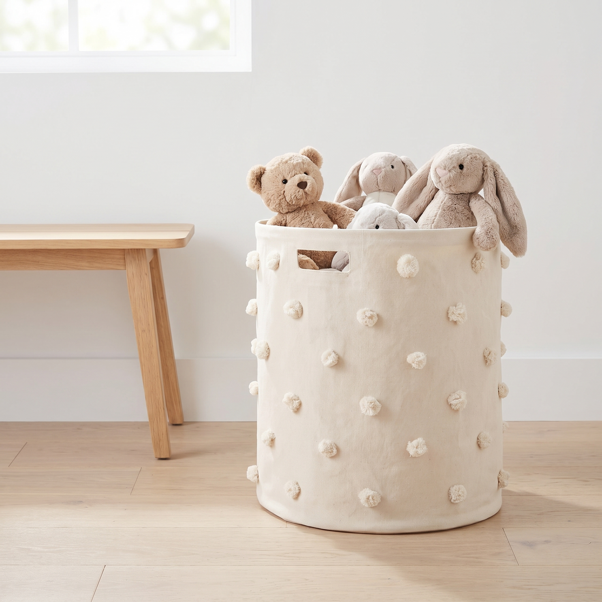 Little Teekie Pom Pom Toy and Laundry Hamper | Cotton Canvas, Wipeable Base – Natural – lifestyle
