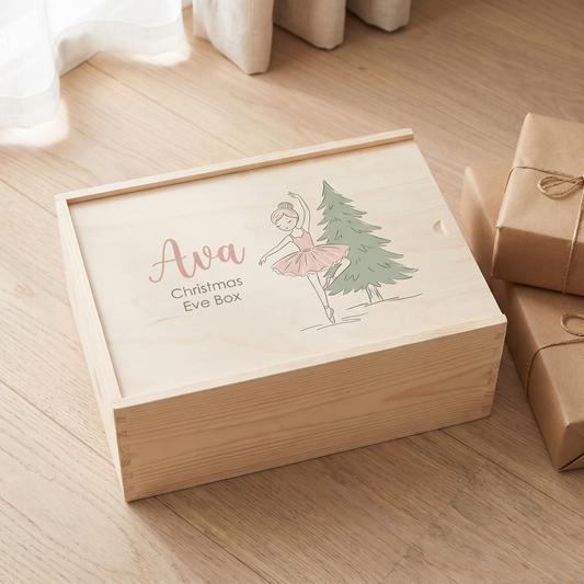 Little Teekie Personalised Christmas Eve Box | Printed Ballerina, 35x25x14cm – Natural Wood – lifestyle