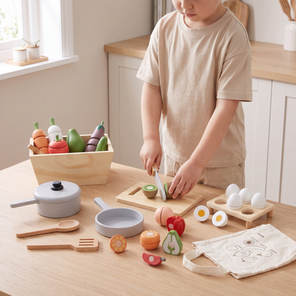 Little Teekie Wooden Play Food Value Pack | 4 Sets, Crate, Pot and Pan – Multicolour – in use, shows scale