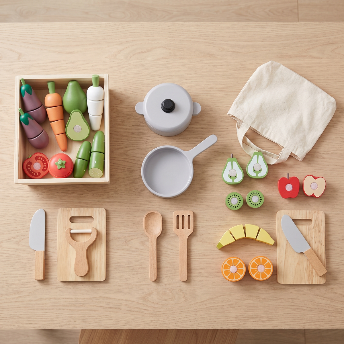 Little Teekie Wooden Play Food Value Pack | 4 Sets, Crate, Pot and Pan – Multicolour – what's included