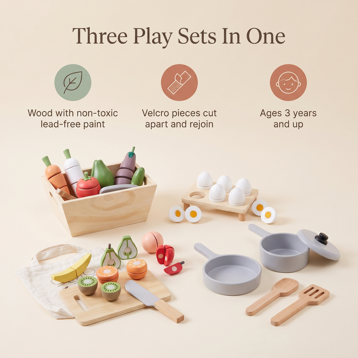 Little Teekie Wooden Play Food Value Pack | 4 Sets, Crate, Pot and Pan – Multicolour – key features