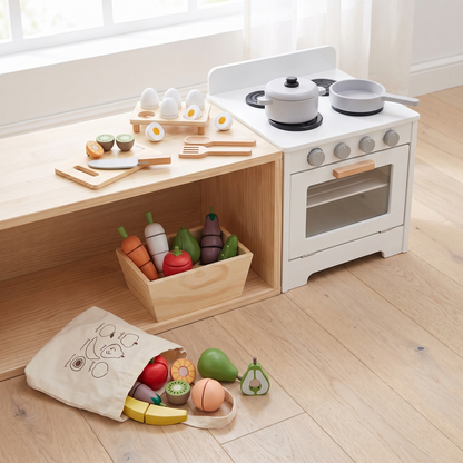 Little Teekie Wooden Play Food Value Pack | 4 Sets, Crate, Pot and Pan – Multicolour – styled in the home