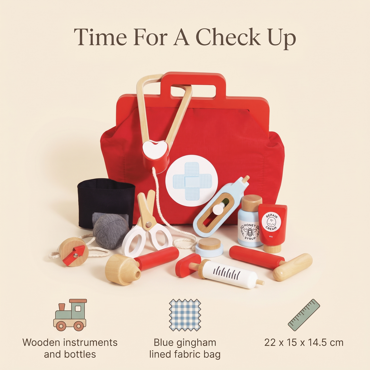 Little Teekie Wooden Doctor Kit | Fabric Bag, 9 Instruments, Gift Boxed – Red – key features