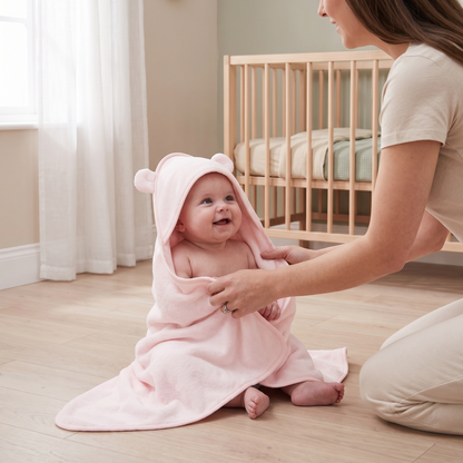 Little Teekie Personalised Small Hooded Towel | Embroidered Name, Bear Ear Hood – Light Pink – in use, shows scale