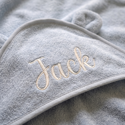 Little Teekie Personalised Hooded Towel | Embroidered Name, Organic Cotton 75 x 75cm – Powder Blue – personalisation detail