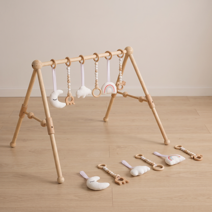 Little Teekie Wooden Baby Play Gym | Sensory Activity Toys, 58 x 61 x 63.5 cm – Natural Wood – what's included
