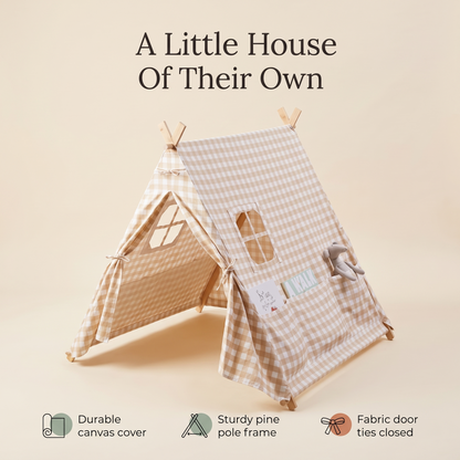 Little Teekie Scandi A-Frame Playhouse Tent | Canvas with Pine Poles – Beige Gingham – key features