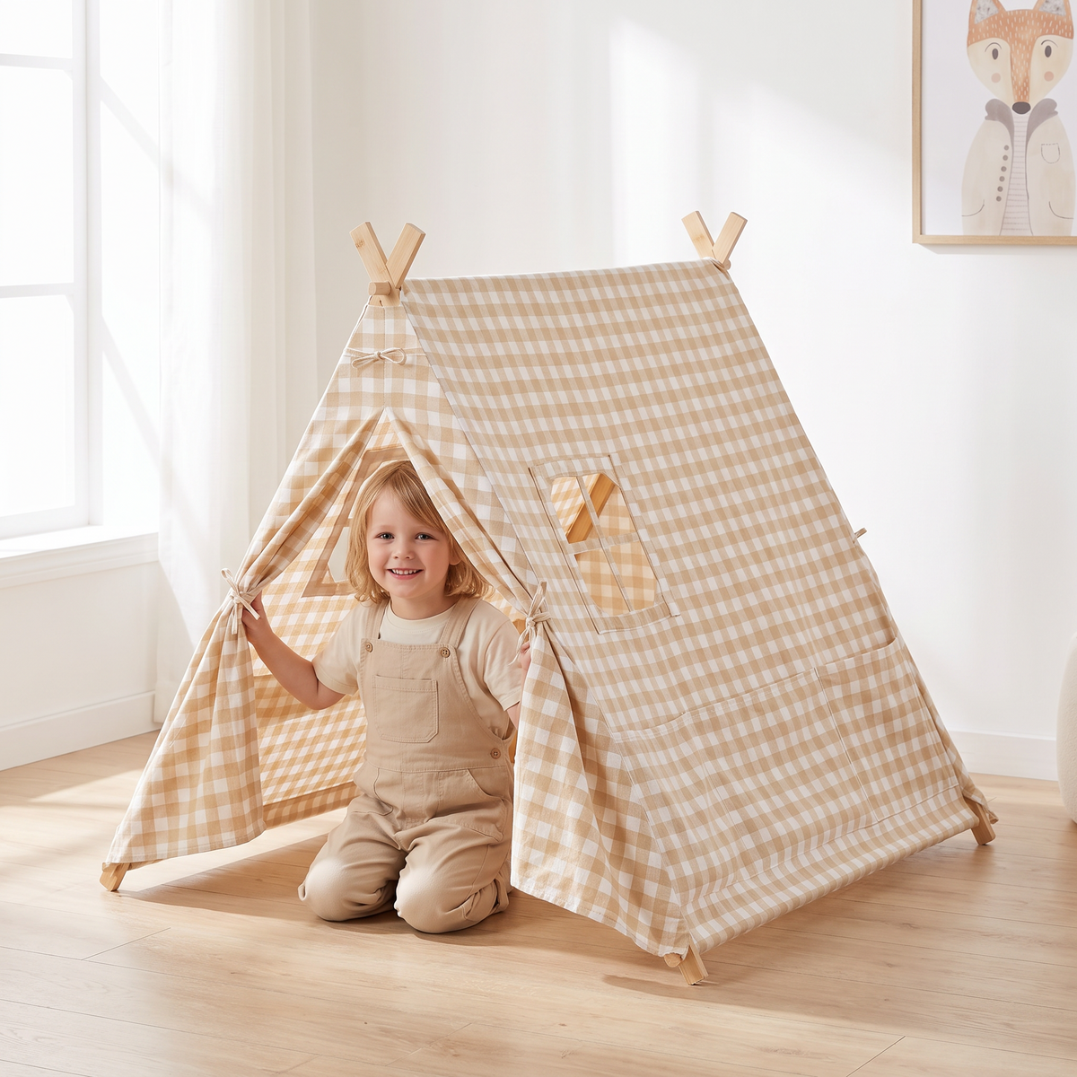 Little Teekie Scandi A-Frame Playhouse Tent | Canvas with Pine Poles – Beige Gingham – in use, shows scale