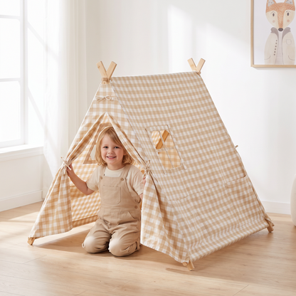 Little Teekie Scandi A-Frame Playhouse Tent | Canvas with Pine Poles – Beige Gingham – in use, shows scale