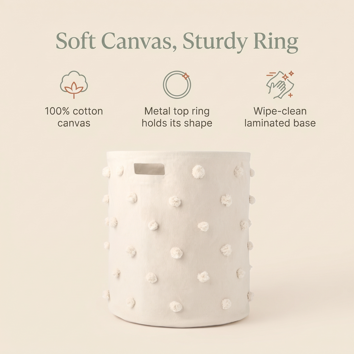 Little Teekie Pom Pom Toy and Laundry Hamper | Cotton Canvas, Wipeable Base – Natural – key features