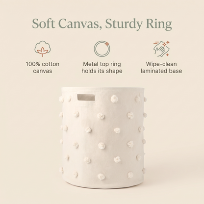 Little Teekie Pom Pom Toy and Laundry Hamper | Cotton Canvas, Wipeable Base – Natural – key features