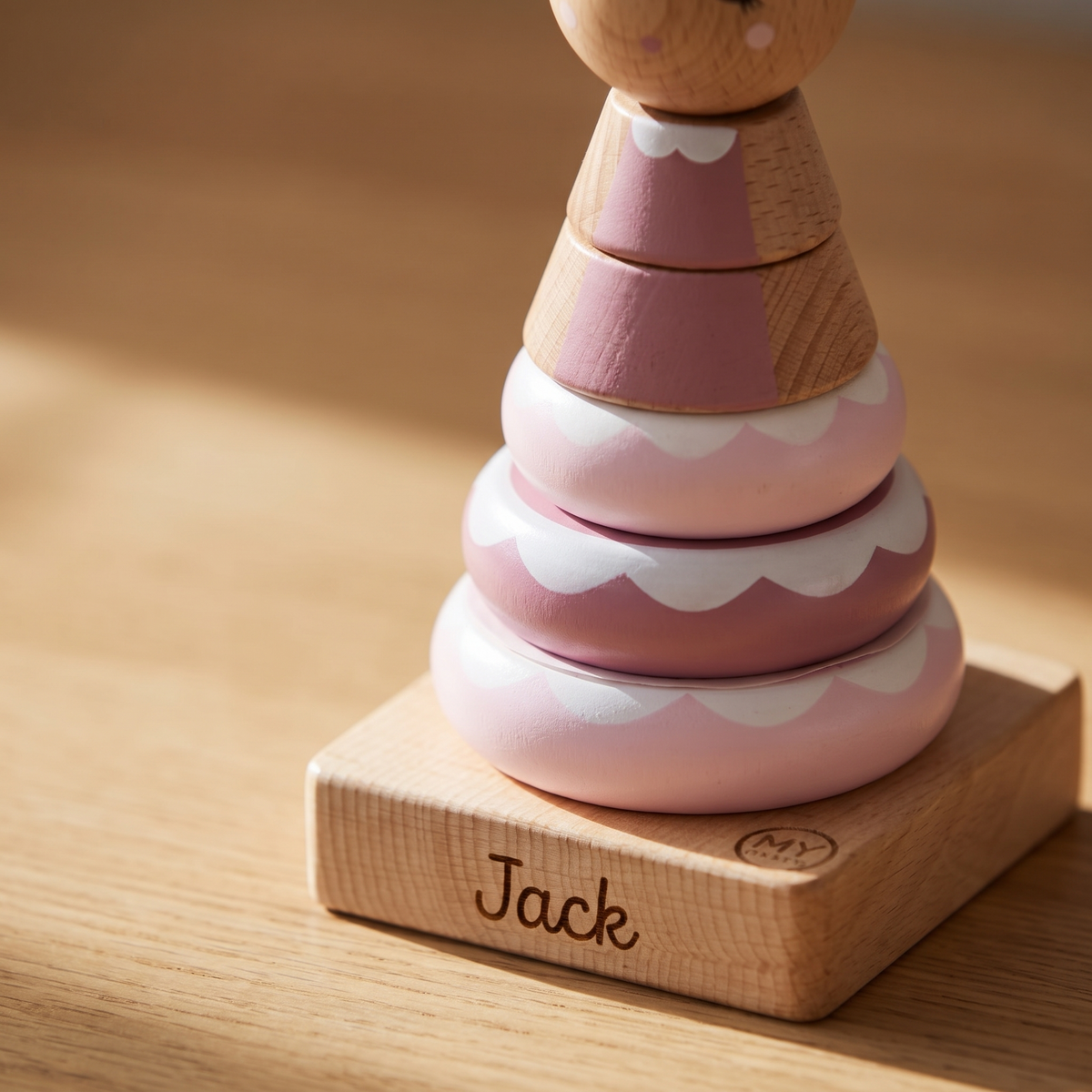 Little Teekie Personalised Wooden Fairy Stacker | Stacking Ring Gown, Name Detail – Pink – personalisation detail