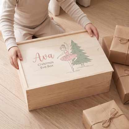 Little Teekie Personalised Christmas Eve Box | Printed Ballerina, 35x25x14cm – Natural Wood – in use, shows scale