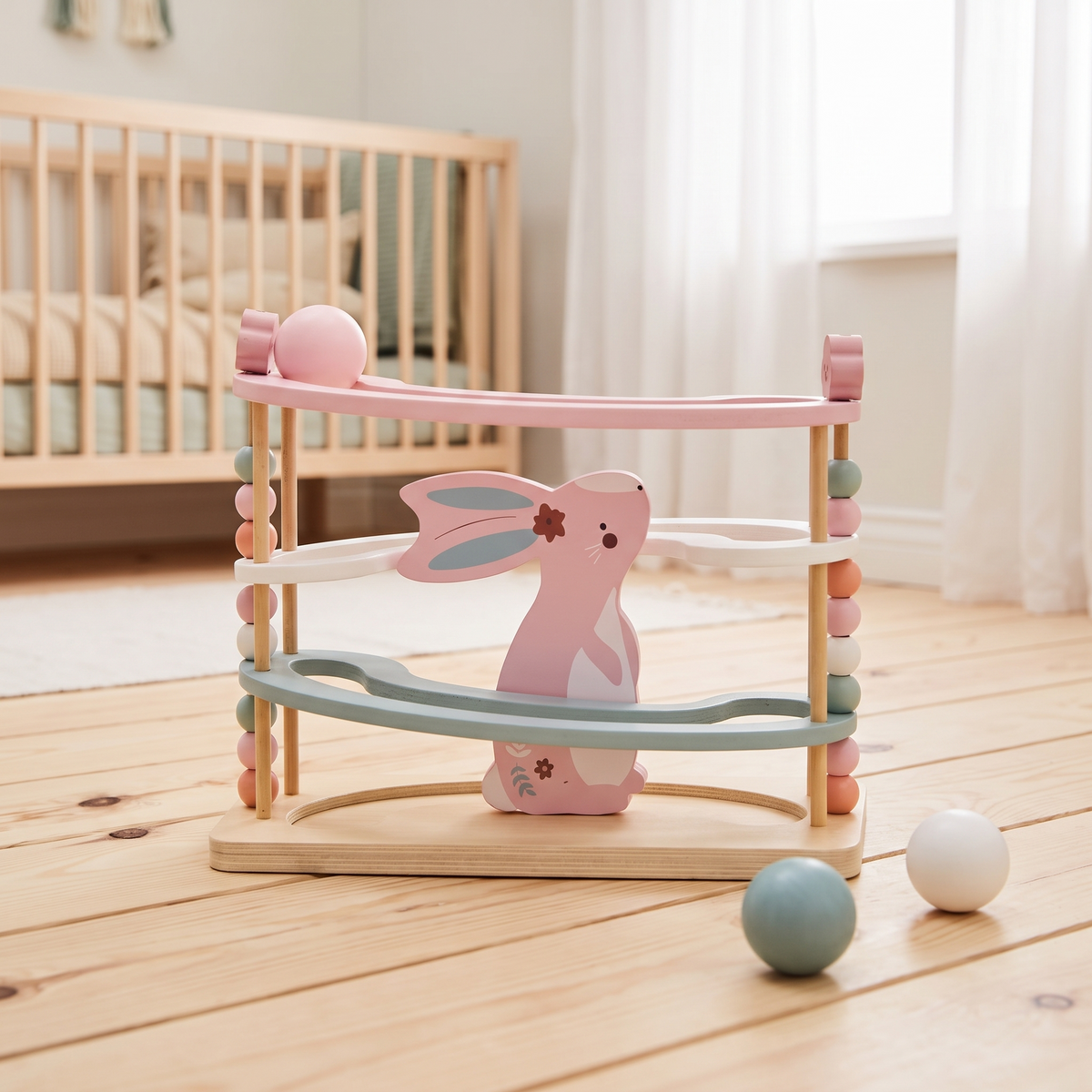 Little Teekie Personalised Wooden Bunny Ball Runner | Name Detail, 31cm Four-Storey – Blue – lifestyle
