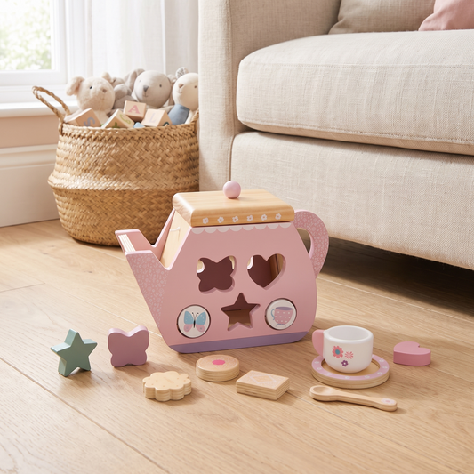 Little Teekie Personalised Wooden Teapot Shape Sorter | Printed Name, Tea Playset – Pink – lifestyle