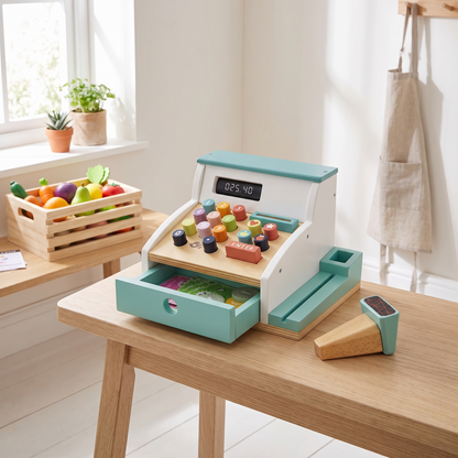 Little Teekie Wooden Play Cash Register | Coins, Notes and Receipts – Multi-Coloured – lifestyle