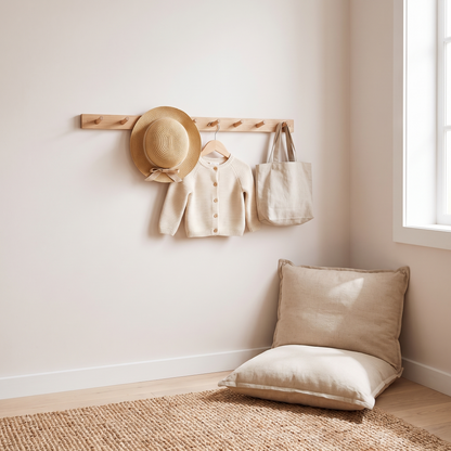 Little Teekie Slim Wooden Peg Rail | Wall-Mounted 60cm, 6 Pegs, Holds 15kg – Tasmanian Oak – lifestyle