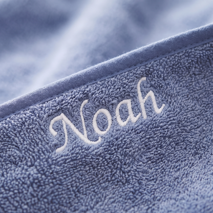 Little Teekie Personalised Small Hooded Towel | Embroidered Name, Super Soft Cotton – Wave Blue – personalisation detail