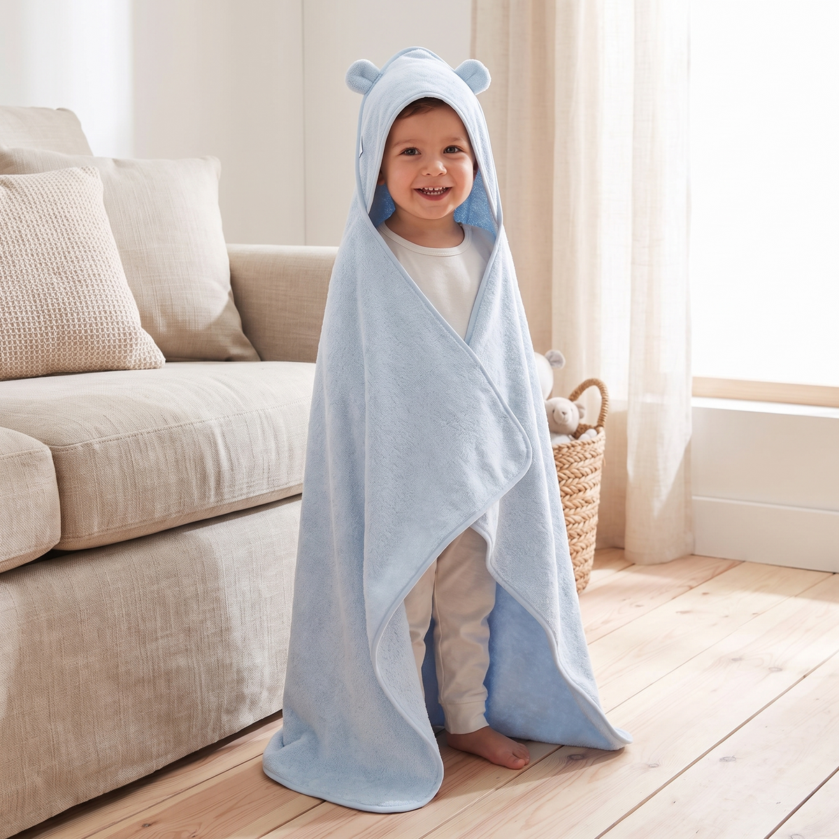 Little Teekie Personalised Large Hooded Bath Towel | Embroidered Name, 100% Cotton – Blue – in use, shows scale