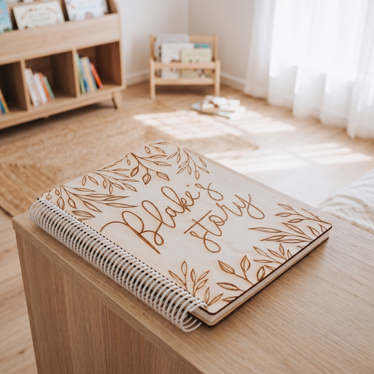 Little Teekie Personalised Wooden Baby Memory Book | Etched Name, 90 Pages 25 x 31.5cm – Natural Timber – lifestyle