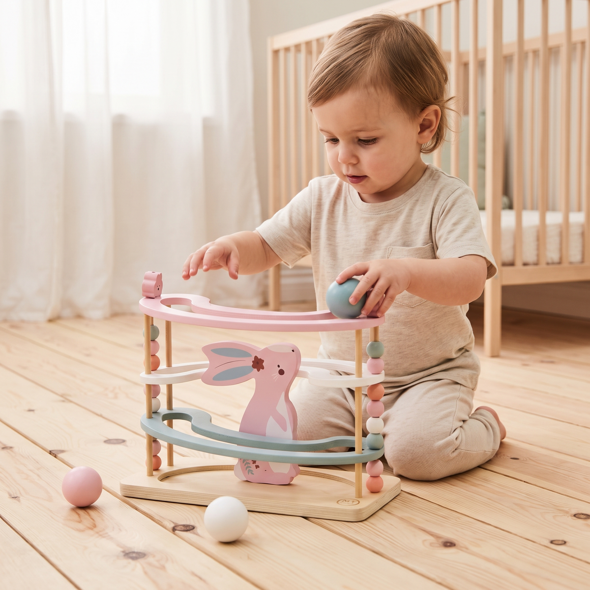 Little Teekie Personalised Wooden Bunny Ball Runner | Name Detail, 31cm Four-Storey – Blue – in use, shows scale