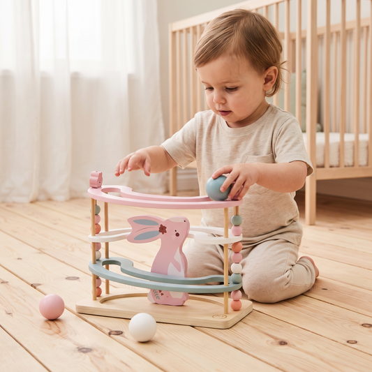 Little Teekie Personalised Wooden Bunny Ball Runner | Name Detail, 31cm Four-Storey – Blue – in use, shows scale