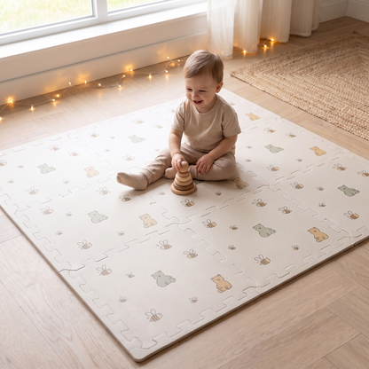 Little Teekie EVA Foam Play Mat | 100 x 100 cm, 9 Interlocking Pieces – Bees and Bears Print – in use, shows scale