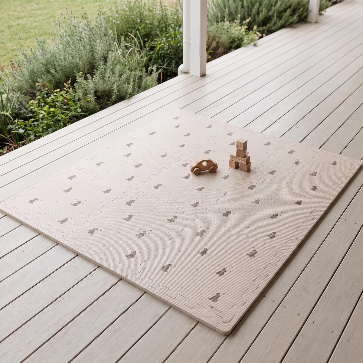 Little Teekie EVA Foam Play Mat | 100 x 100 cm, 9 Interlocking Pieces – Bees and Bears Print – styled in the home