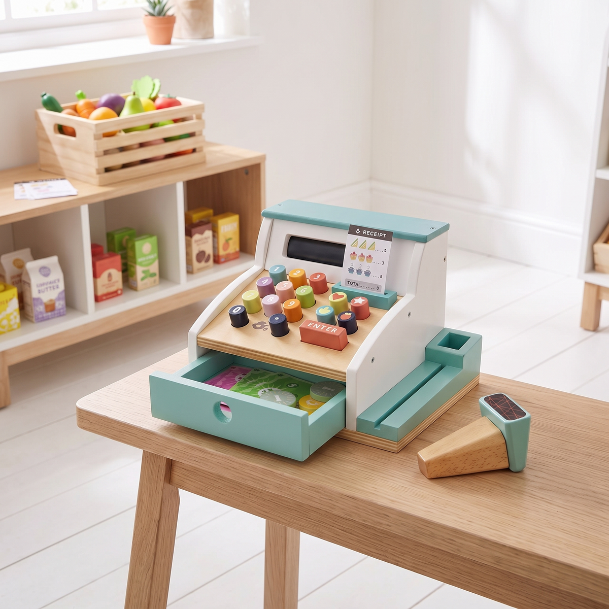 Little Teekie Wooden Play Cash Register | Coins, Notes and Receipts – Multi-Coloured – styled in the home