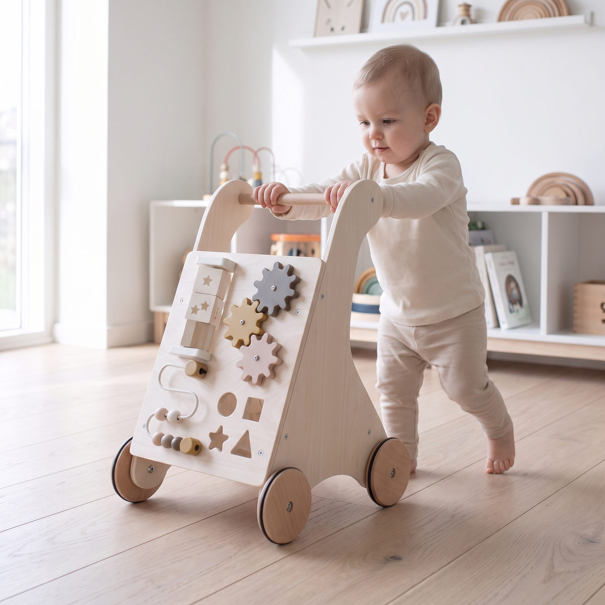 Little Teekie Wooden Activity Walker | Ball Frame, Cogs and Toy Box, 18 Months+ – in use, shows scale
