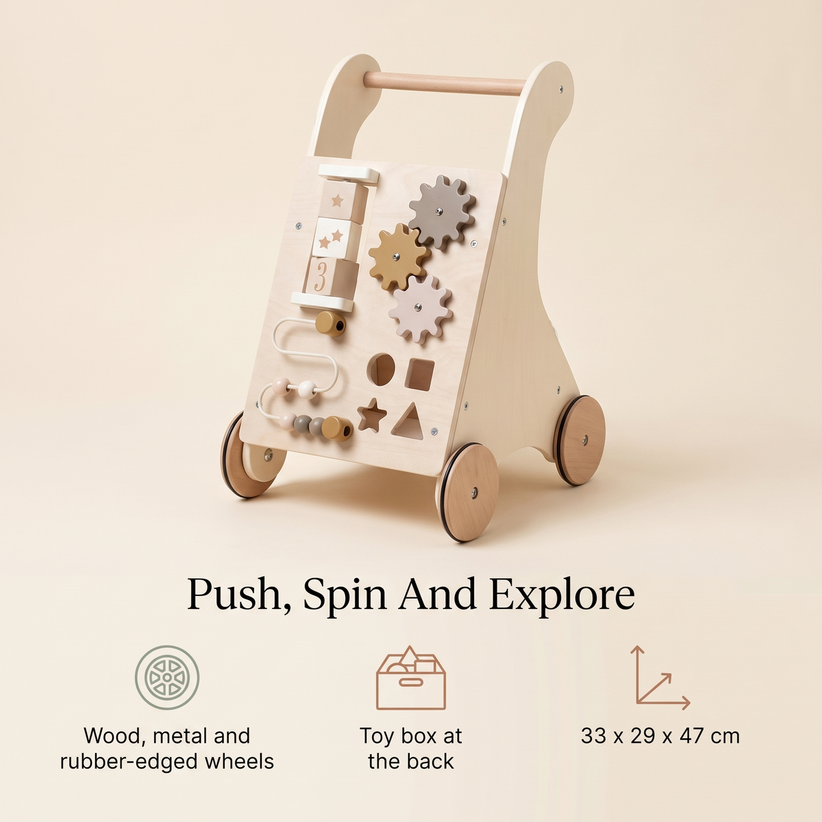 Little Teekie Wooden Activity Walker | Ball Frame, Cogs and Toy Box, 18 Months+ – key features