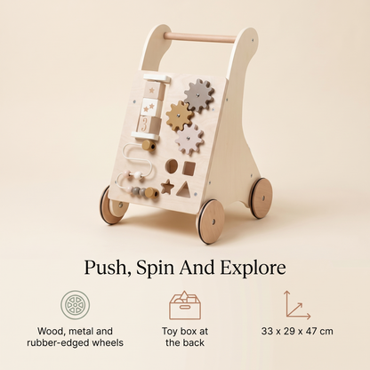 Little Teekie Wooden Activity Walker | Ball Frame, Cogs and Toy Box, 18 Months+ – key features