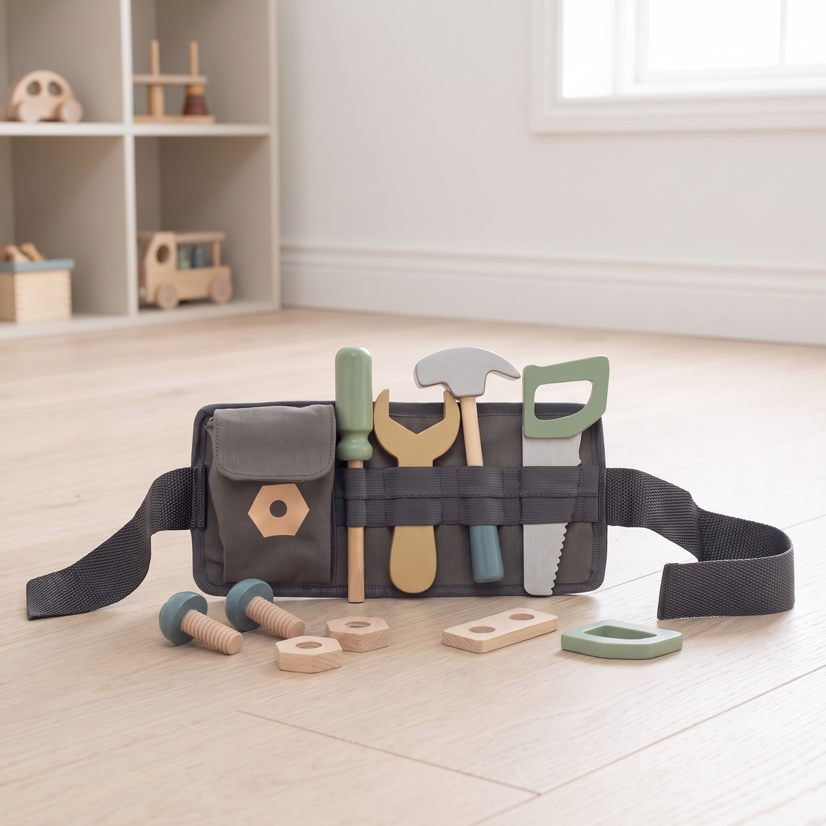 Little Teekie Wooden Tool Belt Set | Adjustable 40–80cm, FSC Certified Wood – lifestyle