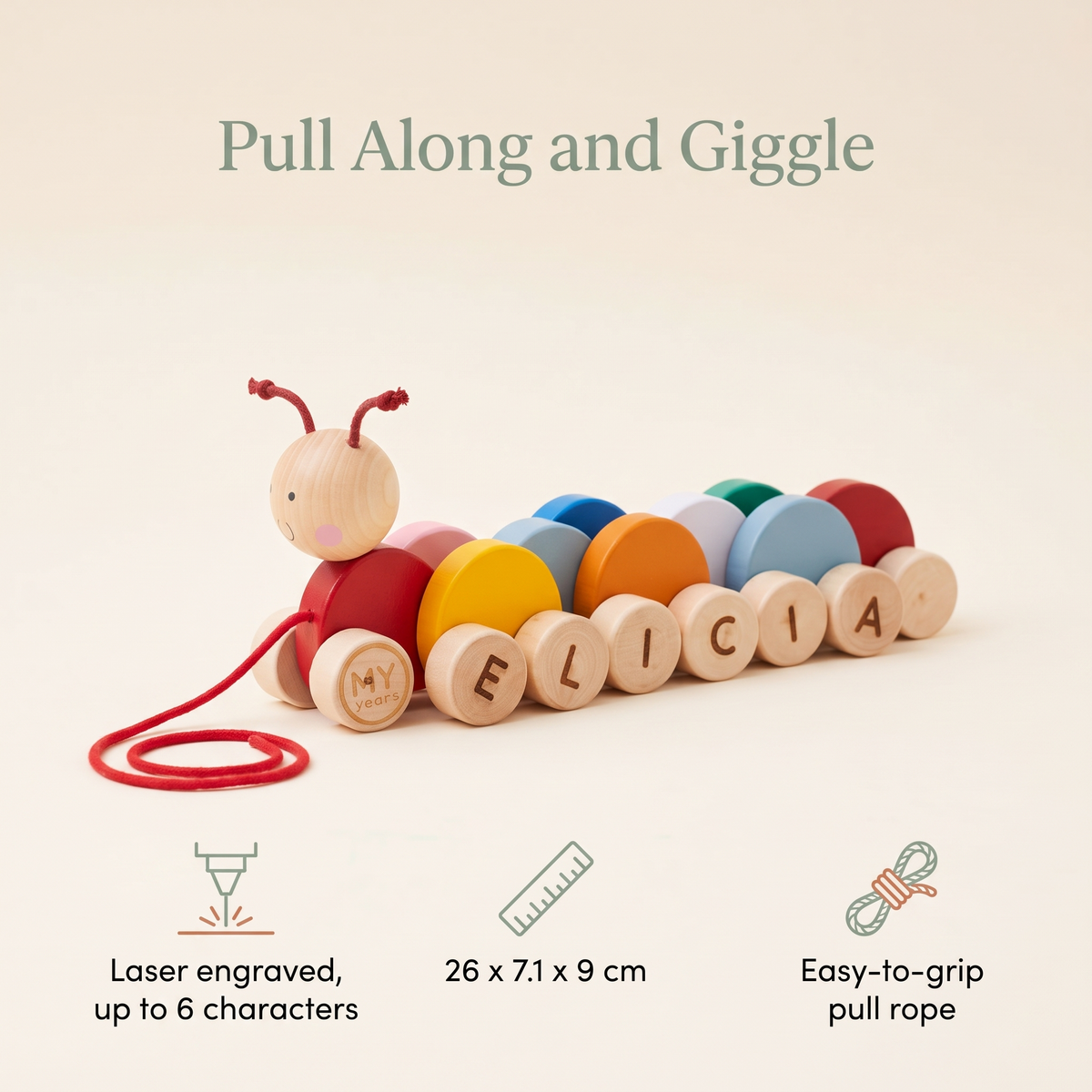 Little Teekie Personalised Wooden Pull Along Caterpillar | Engraved Name, Red Rope – Rainbow – key features