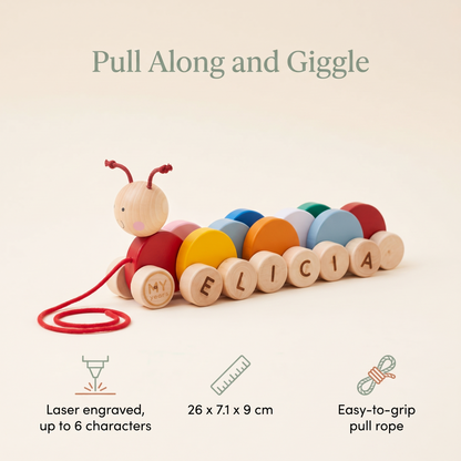 Little Teekie Personalised Wooden Pull Along Caterpillar | Engraved Name, Red Rope – Rainbow – key features