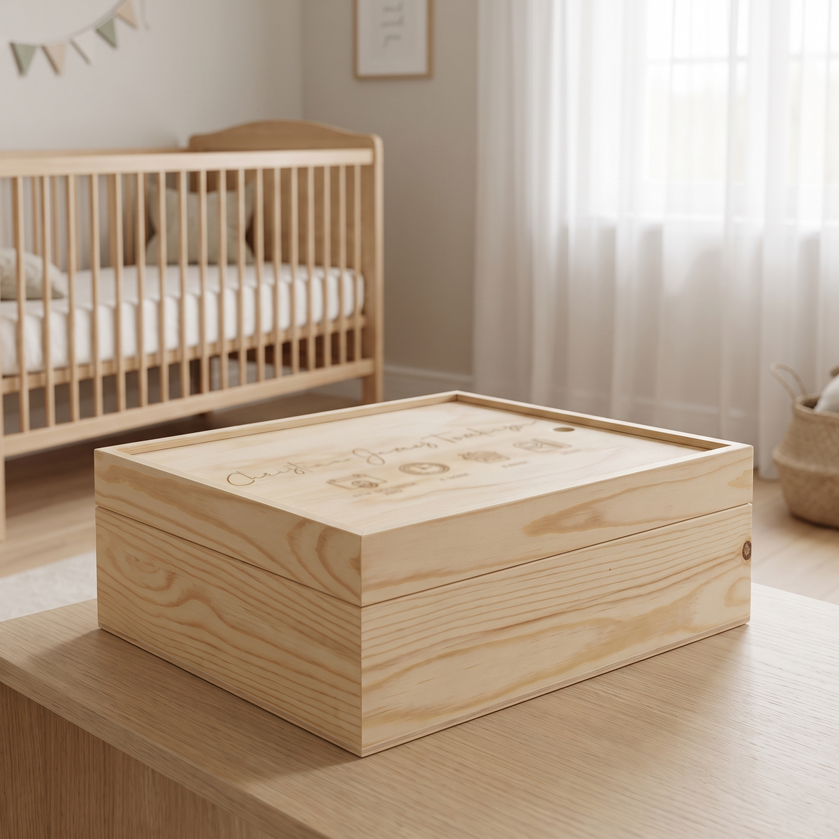 Little Teekie Personalised Baby Keepsake Box | Engraved Birth Details, Pine 33 x 28cm – Natural Pine – lifestyle