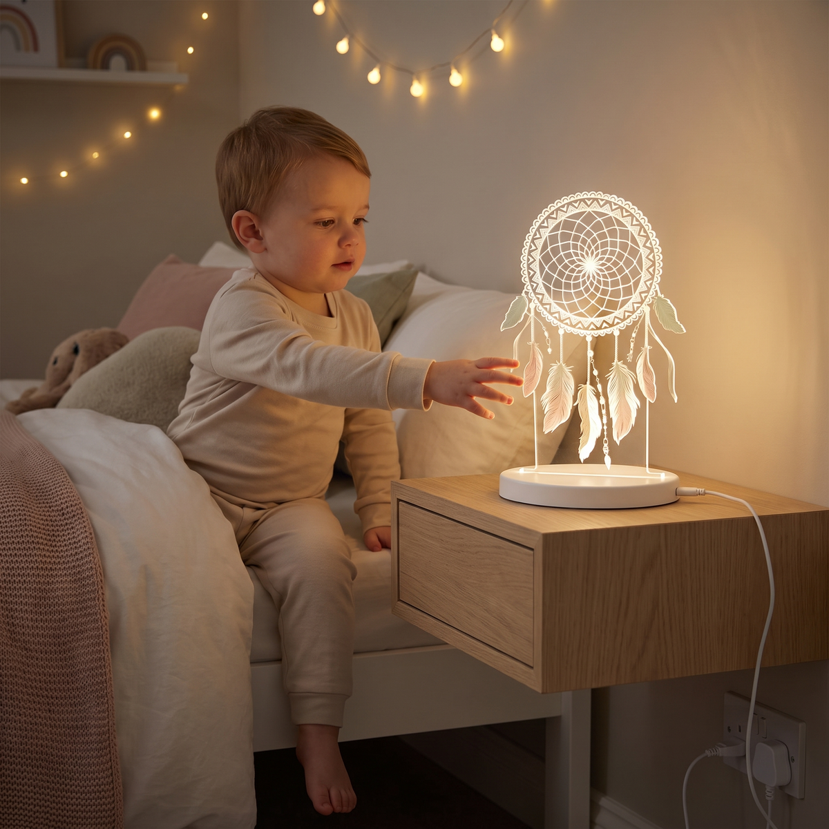 Little Teekie Plug-In LED Night Light | Dream Catcher Design, 24cm, USB – Colour Changing – in use, shows scale