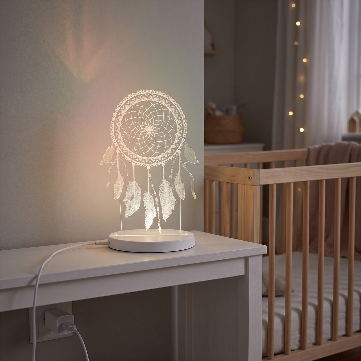 Little Teekie Plug-In LED Night Light | Dream Catcher Design, 24cm, USB – Colour Changing – styled in the home