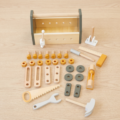 Little Teekie Wooden Tool Box with 30-Piece Tool Set | Removable Vice, 25cm Box – what's included