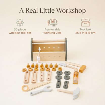 Little Teekie Wooden Tool Box with 30-Piece Tool Set | Removable Vice, 25cm Box – key features