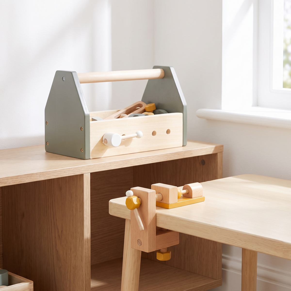 Little Teekie Wooden Tool Box with 30-Piece Tool Set | Removable Vice, 25cm Box – styled in the home