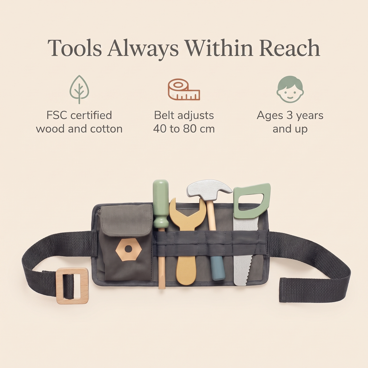 Little Teekie Wooden Tool Belt Set | Adjustable 40–80cm, FSC Certified Wood – key features