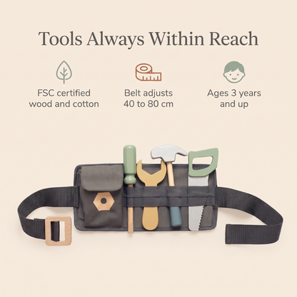 Little Teekie Wooden Tool Belt Set | Adjustable 40–80cm, FSC Certified Wood – key features