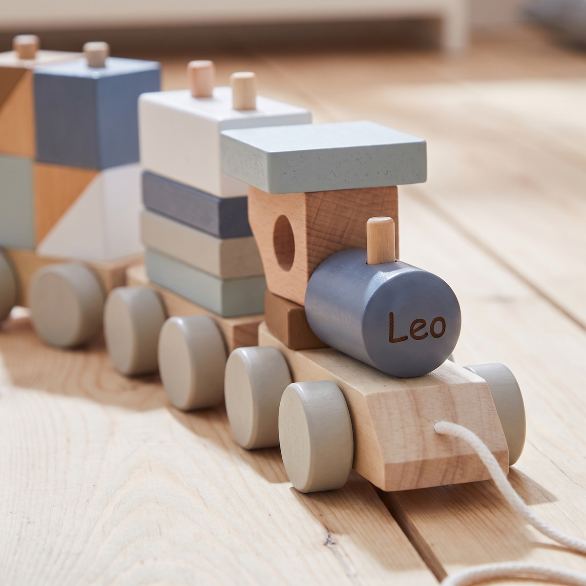 Little Teekie Personalised Wooden Pull Along Train | Stacking Shapes, Name Detail – Blue – personalisation detail