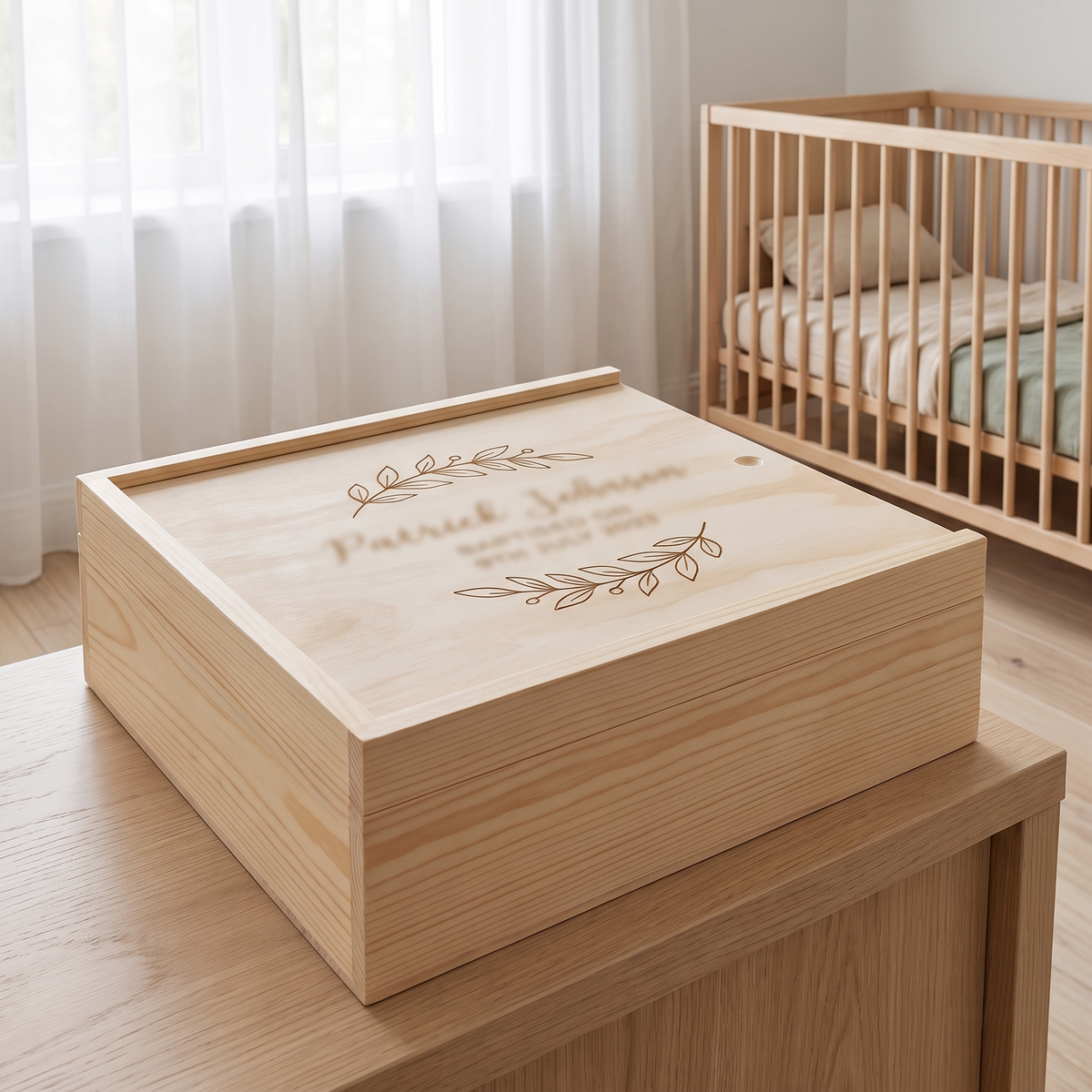 Little Teekie Personalised Keepsake Box | Engraved Name, Foliage Design Pine 33 x 28cm – Natural Pine – lifestyle
