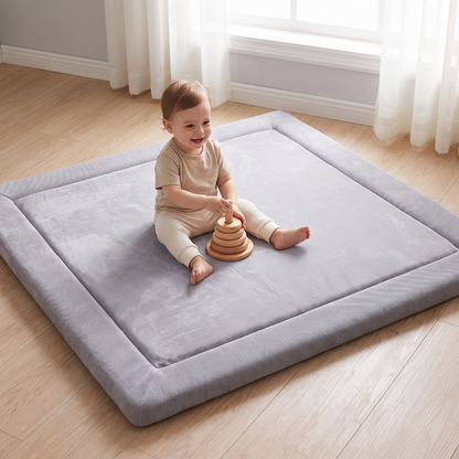 Little Teekie Velvet Memory Foam Play Mat | Anti-Slip Base, Machine Washable – Pebble Grey – in use, shows scale